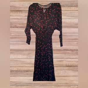 Warm Black Floral Midi Dress – Smocked Waist & Sleeves – Sheer Overlay